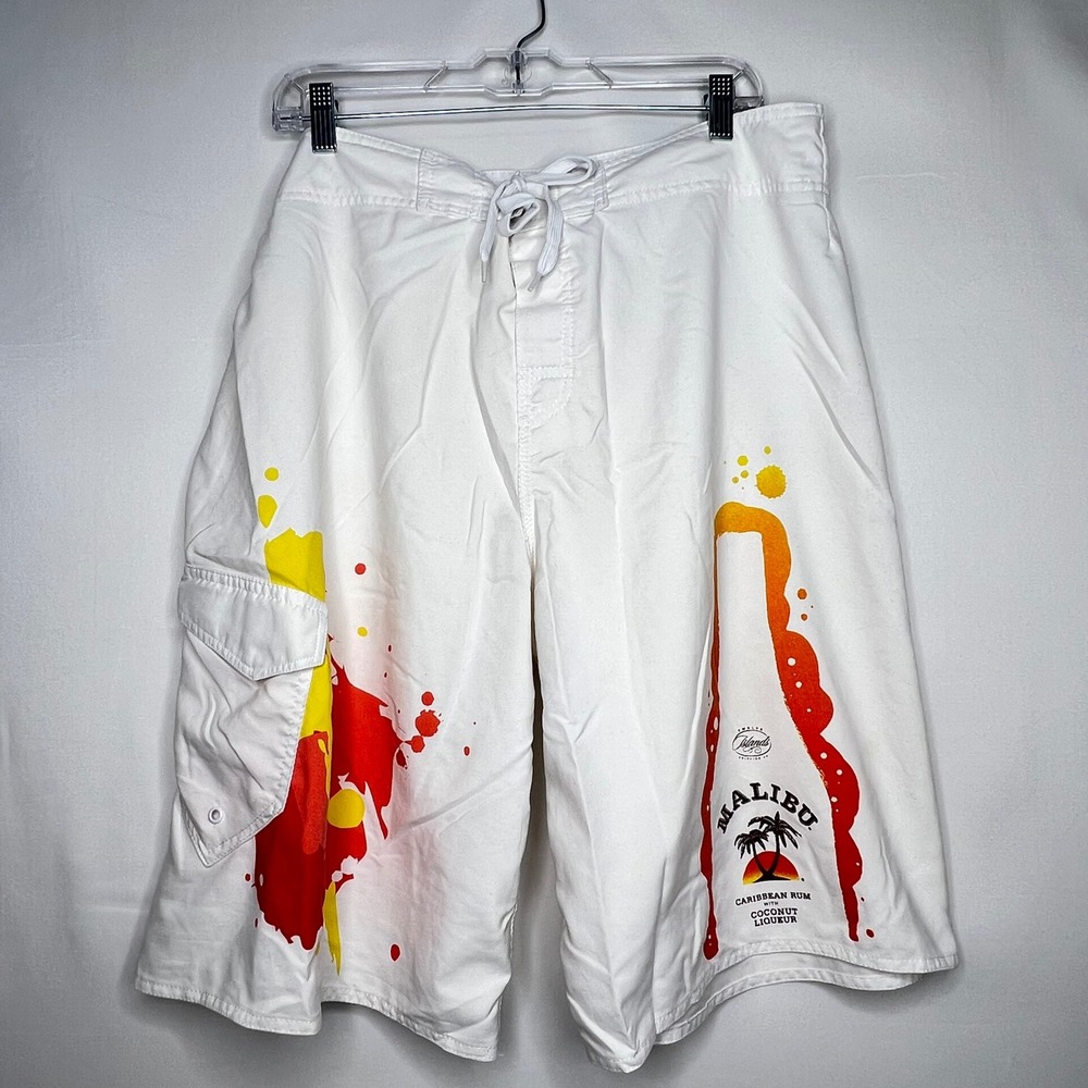 Malibu White Board Shorts Mens Large Graphic Cargo Pocket‎ Swim Trunks